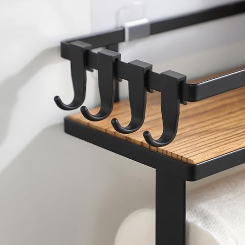 Paper Towel Holder Wall - Kitchen Towel Holder with Shelf Wooden Spice Rack Organizer with 4 Hooks(Self-Adhesive & Wall Mounted)