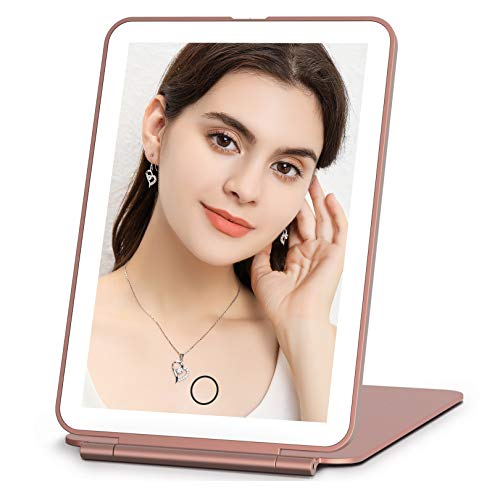 FUNTOUCH Rechargeable Travel Makeup Mirror with 72 Led Lights, Portable Lighted Beauty Mirror, 3 Color Lighting, Dimmable Touch Screen, Tabletop LED Folding Cosmetic Vanity Mirror - color: Rose Gold