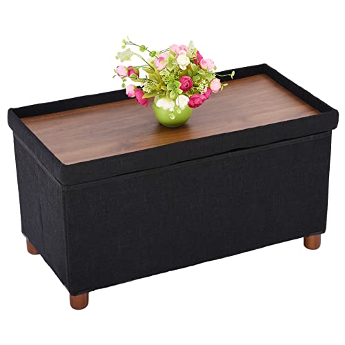 30 Inches Storage Ottoman Bench, Storage Bench with Wooden Legs for Living Room Ottoman Foot Rest Removeable Lid for Bedroom End of Bed, Linen Fabric, Folding Black Ottoman - color: Rect Black