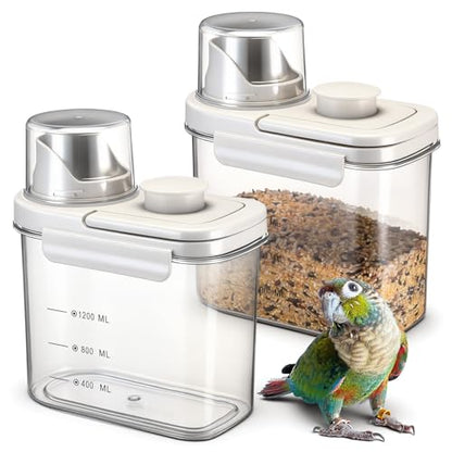 Maxdot 2 Pcs Bird Seed Storage Container 1.7 Qt/1.6 L with Tight Lids Airtight Cup Pet Food Storage Measuring Containers Lids with Pouring Spouts for Macaws African Grey Cockatoos(Beige) - color: Beige