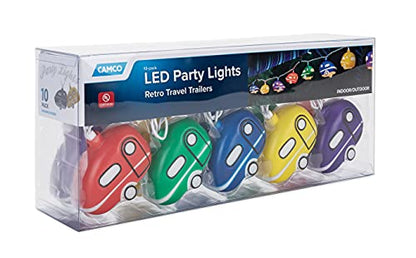 Camco Retro Travel Trailer Party Lights - Features an 8' Strand with (10) Travel Trailer Lights - Camping String Lights - Perfect for RV Awnings and Campsite Décor (42655)