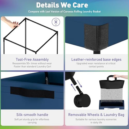 Caroeas Next-Gen 105L Matel Frame Laundry Basket with wheels, Heavy Duty Tall Rolling Laundry Hamper with Removable Wash Bag, Collapsible Freestanding Clothes Hamper (105L,Navy Blue,1Pack) - color: Navy Blue
