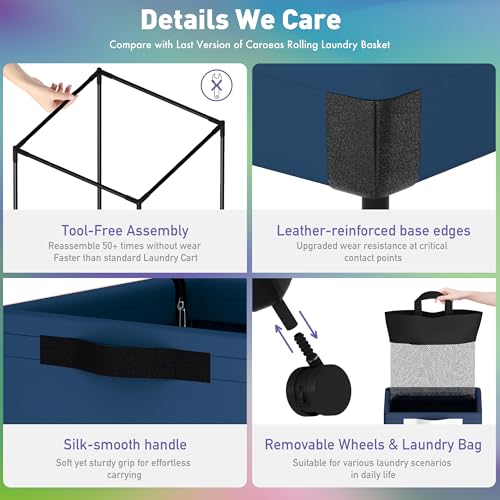 Caroeas Next-Gen 105L Matel Frame Laundry Basket with wheels, Heavy Duty Tall Rolling Laundry Hamper with Removable Wash Bag, Collapsible Freestanding Clothes Hamper (105L,Navy Blue,2Pack) - color: Navy Blue - 2 Pack
