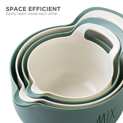 Rae Dunn Non-Slip Mixing Bowls - 4 Piece Nesting Plastic Mixing Bowl Set with Pour Spouts and Handles-Measurement Markings (Sage) - color: Sage