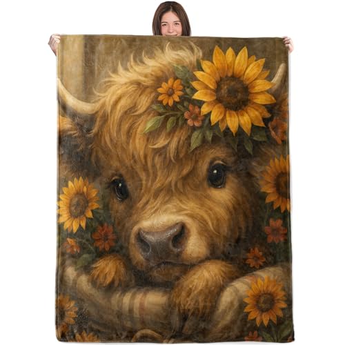 Highland Cow Blanket,40x50in,Cozy Flannel Throw with Cute Calf Sunflower Design,Soft Lightweight Gifts Blankets for Women,Sofa Bed Travel Living Room Rustic Farmhouse Decor - color: Highland Cow 02, size: 50"x40"