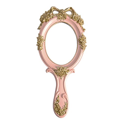 Nerien Handheld Mirror Vanity Makeup Mirror Travel Princess Metal Cosmetic Mirror Portable Oval Embossed Rose Mirrors Decorative Desk Girl Student Vintage Beautiful Handle Mirrors Pink-3 - color: Pink