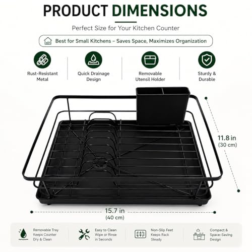 Metal Dish Drying Rack for Kitchen Counter, Black, Sink Organizer with Cutlery Holder, Kitchen Storage and Organization Essentials, for Small Kitchen,11.8 x 15.7 Inch