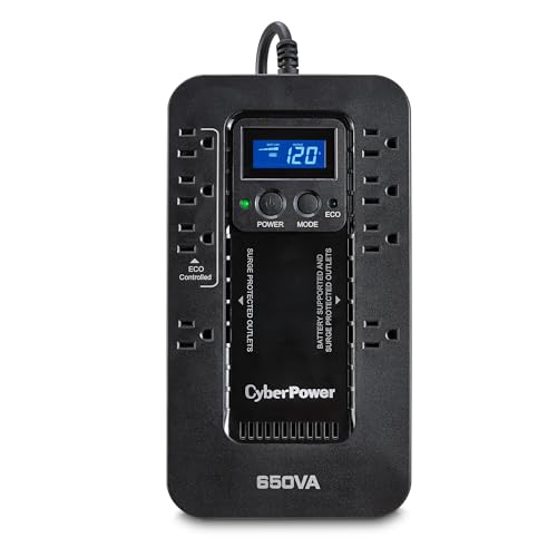 CyberPower EC650LCD Ecologic UPS Battery Backup and Surge Protector, 650VA/390W, 8 Outlets, ECO Mode, Compact, UL Certified - style: 650VA LCD
