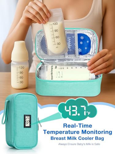 SUNMON Breast Milk Cooler Bag with Real-Time Temperature Display, Portable Travel Breastmilk Storage Case, Includes 2 Reusable Ice Packs, for Pumping Moms on The Go (Light Green) - color: Light green