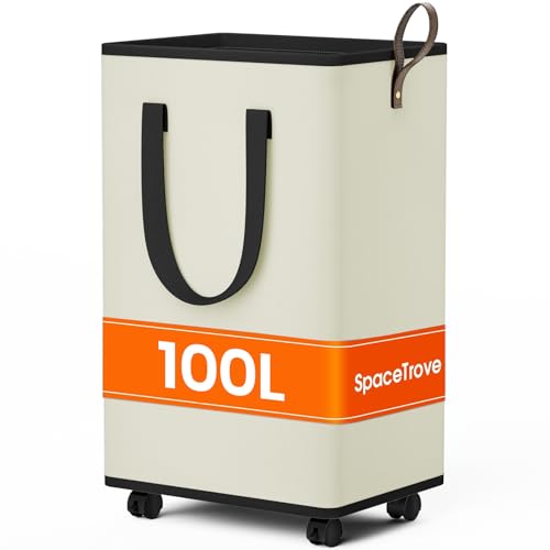 SpaceTrove Laundry Basket with Wheels, Collapsible Laundry Baskets, Laundry Hamper with Handles Detachable Wheels, Rolling Laundry Basket, Dirty Clothes Hamper for Bathroom, Dorm, Bedroom, Cream, 100L - color: Cream, size: 100L
