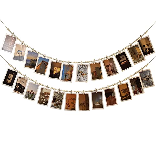 Hanging Photo Display With 12 Clips, Wooden Bead Garland 2PCS, Boho Style Collage Photo Frame Decoration for Dorms, Classrooms, Bedrooms - color: Wood