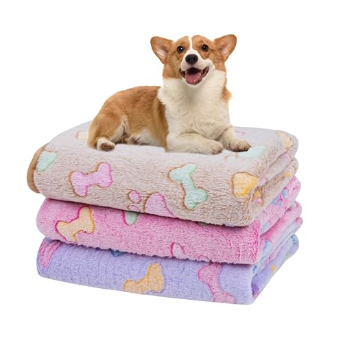 Dono 1 Pack 3 Dog Blankets, Soft Fluffy Fleece Pet Blanket Warm Sleep Mat Paw Print Design Puppy Kitten Throw Blanket Doggy Mat, Blanket for Dogs - color: Brown/Pink/Purple, size: Medium(30*20")