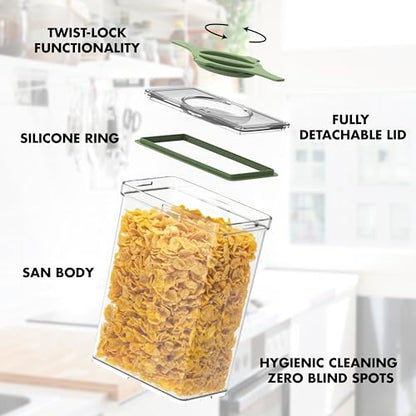 4-Pack Airtight Pantry Containers, 1.9 QT / 1.8 L Clear Food Storage Jars with Leakproof Twist-Lock Lids, Detachable Lid for Easy Cleaning, Cereal, Pasta, Rice, Oats, Snack Storage- Green - color: Green