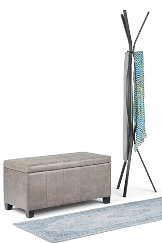 SIMPLIHOME Dover Storage Ottoman Bench - 36 inch Wide Upholstered Vegan Leather Rectangular Lift-Top Ottoman in Distressed Grey Taupe, Contemporary Bench for Living Room with Safety Hinges - color: Distressed Grey Taupe