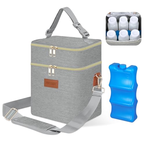 PIIOSER Breastmilk Cooler Bag with Ice Pack Fits 6 Baby Bottles Up to 9 Ounce, Insulated Baby Bottle Tote Bags, Double Layer Waterproof Leak-Proof with Shoulder Strap for Nursing & Working Mom (Grey) - color: Grey