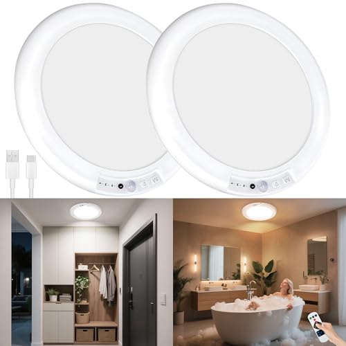 maylit 2 Pack Rechargeable Ceiling Lights, Motion Sensor Lights No Wiring, Wireless Closet Lights Battery Operated, for Bathroom Laundry Room Kitchen Porch Stair Hallway Shower Pantry Garage - color: 3 Color Temperatures, size: 2 Pack