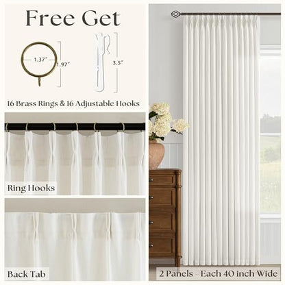 94 Inch Pinch Pleated Linen Curtains 2 Panels for Living Room Bedroom Country Farmhouse Burlap Flax Thick Linen Textured Semi Sheer Back Tab Pinch Pleat Hooks Rings 94 Inch Window Curtain Cream - color: Natural, size: 40"W x 94"L (Pack of 2)