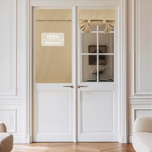 NICETOWN 100% Blackout French Door Curtains for Door Window, Privacy Thermal Insulated Short Curtains for Kitchen, Tie Up Shade Window Covering for Bedroom, Biscotti Beige, W26 X L40 Inch, 1 Panel - color: Biscotti Beige, size: 26"W x 40"L (Pack of 1)