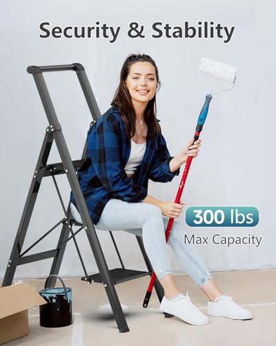 SOLADDER 3 Step Ladder, Slim Folding Steps Stool with Handrail, Iron Foldable Black Ladder with Anti-Slip Wide Pedal, for Home, Kitchen, Office, Garage Use (300 lbs Capacity) - color: Dark Black, size: 3 Step