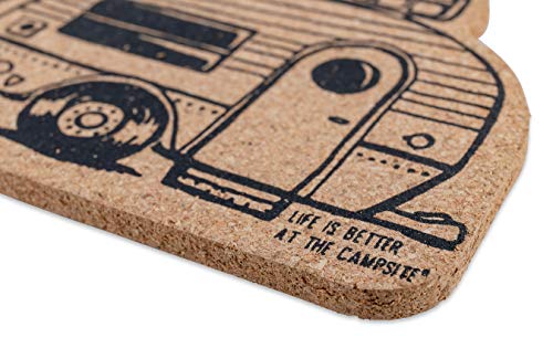 Camco Life is Better at The Campsite Coasters - Features Unique RV Themed Design & Crafted of Cork - Prevents Water Rings & Water Marks on Furniture - 2-Pack (53384)