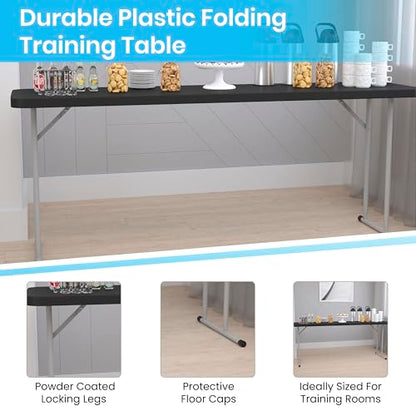 EMMA + OLIVER 6' Rectangular Plastic Folding Table, Long Plastic Foldable Table for Residential Indoor/Outdoor Events, Black - color: Black