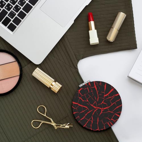 Cracks Red Black Print Foldable Travel Pocket Mirror Round PU Leather Portable Mini Makeup Double Sided Handheld Magnifying,2.6 in - color: Cracks Red Black