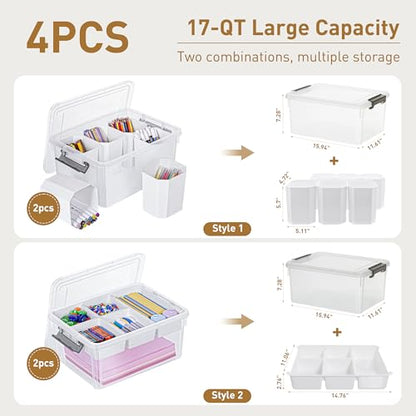 Citylife 17 QT Plastic Storage Box with Removable Tray and 6 Detachable Tall Inserts Craft Organizers and Storage Clear Storage Container for Organizing Crayon, Craft, Sewing, Playdoh, 4 Packs - size: 17 Qt- 4 Pack- W