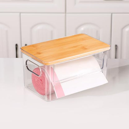 Trash Bag Holder Dispenser, Garbage Bag Dispenser with Bamboo Lid & Handles, Stackable Clear Trash Bag Organizer Under Sink for Kitchen, Pantry, Laundry Room, Cabinet - size: Small