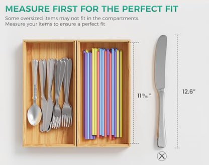 Bamboo Kitchen Drawer Organizer Boxes – 12" x 6" Stackable Wood Silverware Utensil Tray for Drawers Bins, Cutlery & Flatware Storage – Wooden Organizers Set of 2 for Junk Drawer, Bathroom, RV - size: 12" x 6" x 2"
