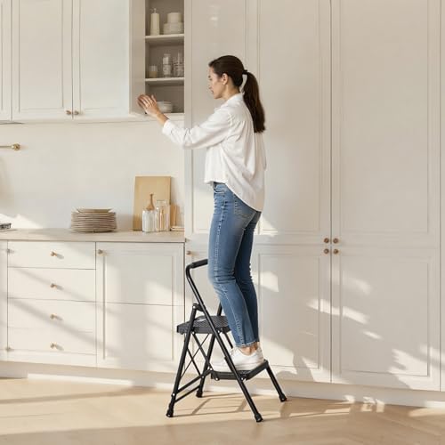 VEVOR 2 Step Ladder, Folding Step Stool with Wide Anti-Slip Pedal and Comfort Handgrip, Lightweight 600 lbs Capacity Portable Steel Ladder, Multi-Use for Kitchen, Home, Household and Office, Black - size: 18.3x20.5x30.3in/465x520x770mm(Expanded)