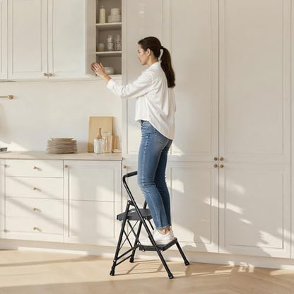 VEVOR 2 Step Ladder, Folding Step Stool with Wide Anti-Slip Pedal and Comfort Handgrip, Lightweight 600 lbs Capacity Portable Steel Ladder, Multi-Use for Kitchen, Home, Household and Office, Black - size: 18.3x20.5x30.3in/465x520x770mm(Expanded)