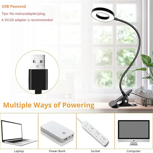 Brokimis Clip on Light LED Reading Book Study Lamp 3 Color Modes 10 Brightness Eye Protection 360° Flexible Gooseneck Student Dormitory Office Desk Lamp at Night in Bed - color: Black with Adapter