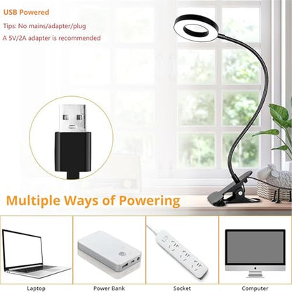 Brokimis Clip on Light LED Reading Book Study Lamp 3 Color Modes 10 Brightness Eye Protection 360° Flexible Gooseneck Student Dormitory Office Desk Lamp at Night in Bed - color: Black with Adapter