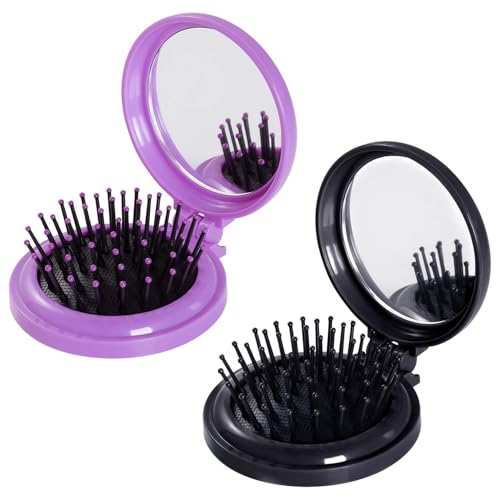 2pcs Folding Travel Mirror Hair Brushes Round Mirror Pocket Hair Brush Portable Mini Pop Up Hair Brushes for Women Girls Wet and Dry Hair (Purple, Black) - color: Purple, Black