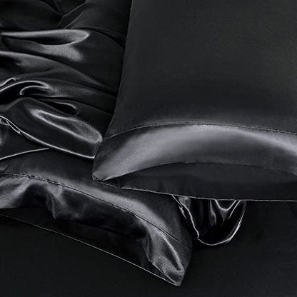 Homiest 3pcs Satin Sheets Set Luxury Silky Satin Bedding Set with Deep Pocket, 1 Fitted Sheet + 1 Flat Sheet + 1 Pillowcase (Twin XL Size, Black) - color: Black, size: Deep pocket - Twin XL size