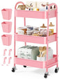 3 Tier Rolling Storage Cart Metal with Wheels, Pink Three Tiered Craft Cart Organizer on Wheels, Utility Carts for Baby Nursery, Diaper Caddy, Art, Book, Snack, Nail, Makeup, Bathroom Supplies, Mesh - color: Soft Pink