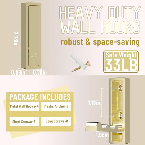 Wall Hooks for Hanging Coat, Heavy Duty Metal Hooks with Folding Storage Foldable Wall Hooks for Entryway Bathroom Kitchen Bags Towels Closet, 4Pcs Gold - color: 4-Gold