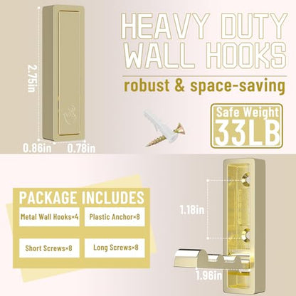 Wall Hooks for Hanging Coat, Heavy Duty Metal Hooks with Folding Storage Foldable Wall Hooks for Entryway Bathroom Kitchen Bags Towels Closet, 4Pcs Gold - color: 4-Gold