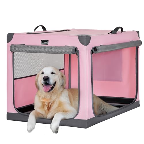 PETSFIT 40" Soft Portable Dog Crate – Patented Spiral Sturdy Frame, Collapsible Travel Kennel for Large Dogs, 3 Mesh Door, Lockable Zippers, Indoor & Car Use Pink - color: Pink, size: 40.0"L x 25.0"W x 25.0"H