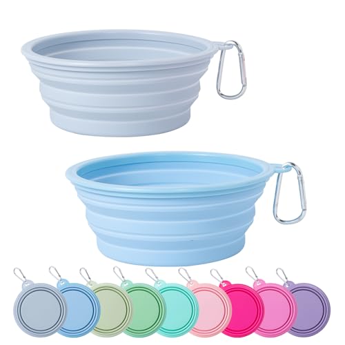 SLSON Collapsible Dog Bowl, 2Pack Macaron Color Pet Travel Bowls Silicone Foldable Water Feeder Dish for Small to Large Dogs Cat Walking Hiking Camping (Macaron Blue and Light Grey, Large) - color: Macaron Blue and Light Grey, size: Large