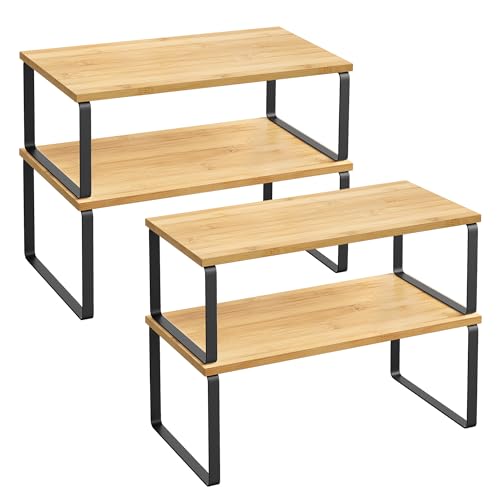 SONGMICS Cabinet Organizer Shelf, Set of 4 Kitchen Counter Shelves, Kitchen Storage, Spice Rack, Stackable, Expandable, Metal and Engineered Wood, Ink Black and Natural Beige UKCS210B01 - color: Ink Black + Natural Beige, size: 15.6"W