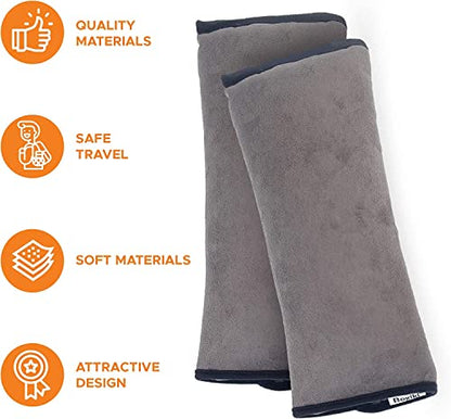 Boxiki Travel Car Seat Belt Pillows for Kids (Set of 2) Adjustable Vehicle Seat Belt Cushion for Children. Perfect for Road Trips - color: Grey