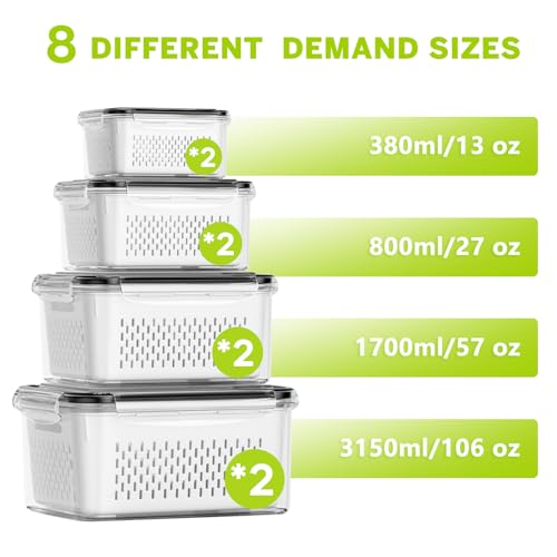 HOMETALL 8 Pack Fruit Storage Containers for Fridge, Produce Containers for Fridge with Colander, Leakproof Fridge Organizers and Storage for Berry Vegetable Salad Lettuce Meat Food - size: 8 Pack
