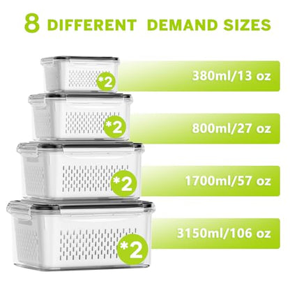 HOMETALL 8 Pack Fruit Storage Containers for Fridge, Produce Containers for Fridge with Colander, Leakproof Fridge Organizers and Storage for Berry Vegetable Salad Lettuce Meat Food - size: 8 Pack