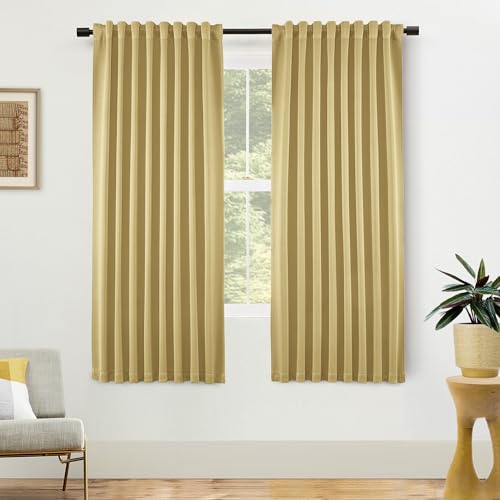 SHINELAND Gold Pleated Blackout Curtains for Bedroom, Smooth Satin Thermal Insulated Black Out Drapes for Bedroom Living Room 72 Inch Long - color: Gold Yellow, size: 52"W x 72"L (Pack of 2)