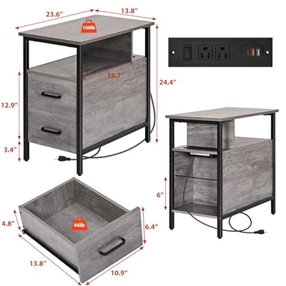 Livofloral Side Table, Gray End Tables with Charging Station, Narrow End Table with Wooden Drawers, USB Ports and Power Outlets, Nightstand and Bedside Table, Side Table Living Room, Bedroom - color: Light Gray