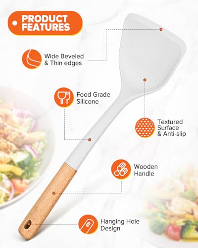 Silicone Cooking Utensils Set, Perfectly Angled for Frying, Mixing,Serving,Draining,Turning and Stirring, BPA-Free Matte Silicone, Wood Handles, Safe for Nonstick Cooking Surfaces,4 Pack (White) - color: White
