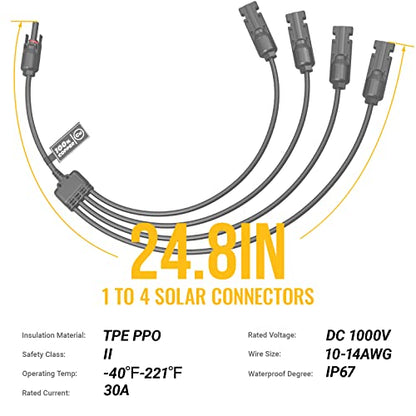 BougeRV Solar Y Branch Connectors Extra Long Solar Panel Parallel Connectors 1 to 4 Solar Cable Wire Plug Tool Kit (M/FFFF and F/MMMM) - size: 1 Pair M/FFFF and F/MMMM