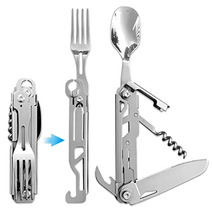 6 in 1 Detachable Camping Utensils Flatware Set, Multifunction Travel Pocket Cutlery Folding Spoon, Fork, Knife, Wine Bottle Can Opener Portable Combo Set Stainless Steel