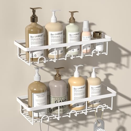 Adhesive Small Wall Shower Caddy Shelves for Inside Shower with Hooks | 2 Pack Shower Organizer Basket Rack, Shampoo Holder for Dorm Apartment RV Camper, Bathroom Storage and Organization, White - color: White, size: Small 2 Pack